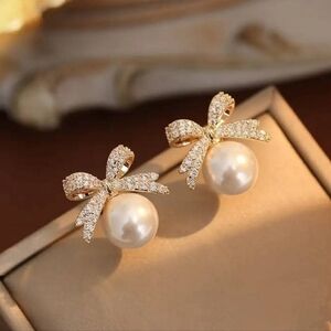 Gold Bow Tie Pearl Earrings with Crystals